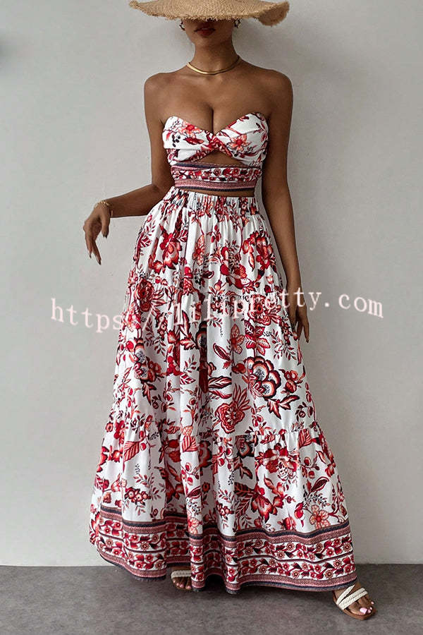 Floral Print Cutout Bandeau Top and Elastic Waist Full Maxi Skirt Set
