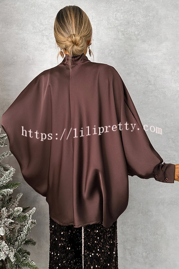 Chic and Merry Satin Bow Neck Batwing Sleeve Loose-fitting Blouse