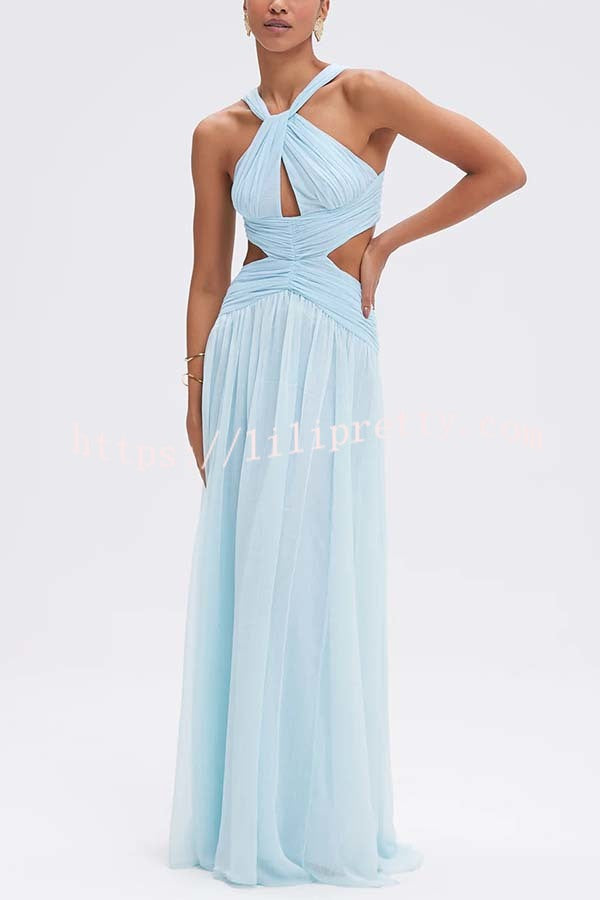 Graceful Modern Chiffon Twist Halter Neck Cutout Pleated Maxi Dress