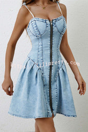 Fashionable Patchwork Suspender Zipper Slim Denim Mini Dress