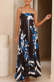 Botanical Print Square Neck Suspender Casual Full Hem Maxi Dress
