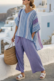 Striped Print Crew Neck Loose Top and Elastic Waist Casual Wide Leg Pants