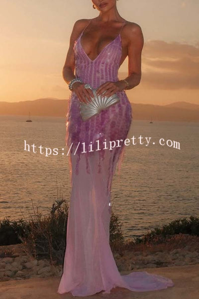 Perfect Night Sequin Embroidery Backless Drape Tulle Hem Slip Maxi Dress