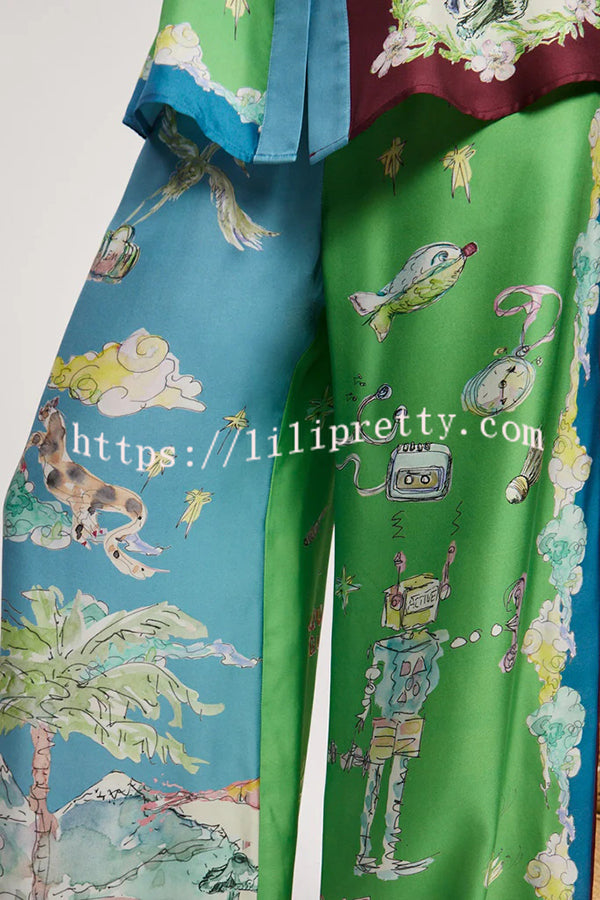 Unique Printed Lapel Short-sleeved Loose Shirt and Elastic Waist Tie Wide-leg Pants Set