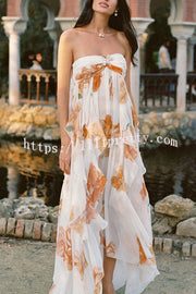 Mariah Floral Print Starfish Brooch Inverted Halter Neck Slit Ruffles Maxi Dress