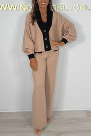 Fashion Contrast Color V-neck Loose Cardigan and Elastic Waist Casual Pants Set