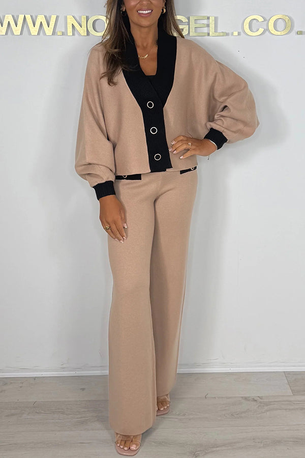 Fashion Contrast Color V-neck Loose Cardigan and Elastic Waist Casual Pants Set