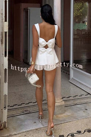 Romantic Tweed Diamond Buckles Square Neck Back Double Bow Tank and Mini Shorts Set