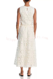 Nice Try Embroidered Crochet Lace Tassle Trim Elastic Waist Midi Skirt