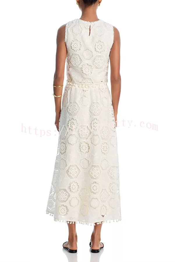 Nice Try Embroidered Crochet Lace Tassle Trim Elastic Waist Midi Skirt