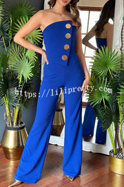 Solid Color Sexy Tube Top Gold Button Embellished Bootcut Jumpsuit