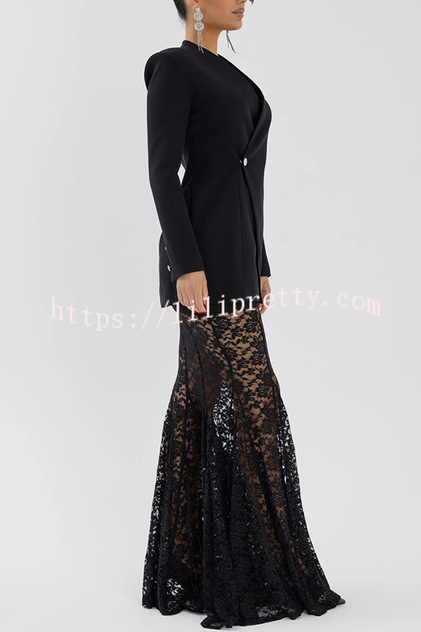Poetic Muse Stand V-neck Rhinestone Button Up Long Sleeve Blazer