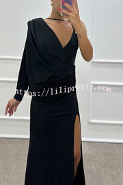 Like Venus One Shoulder Bat Sleeve Ruched Detail Slit Gown Maxi Dress