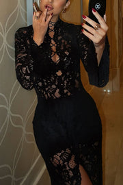 Garcelle Floral Lace Lace-up Long Bell Sleeve Slit Midi Dress