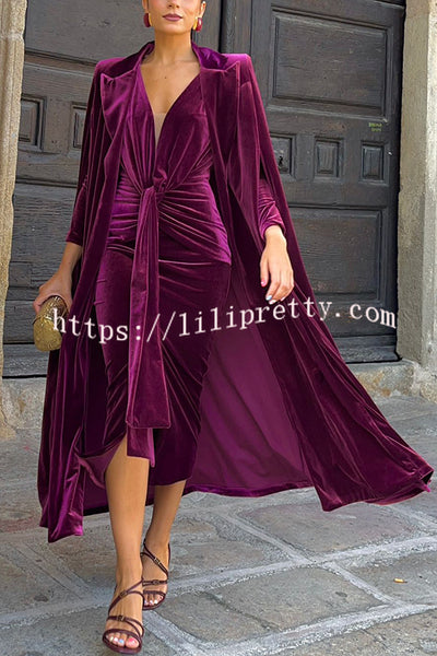 Olivienne Luxurious Velvet Padded Shoulders Slit Sleeve Lapel Midi Cape
