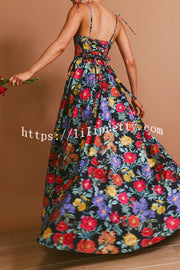 Garden Wedding Floral Print Back Tie-up Pocketed Slit Maxi Dress