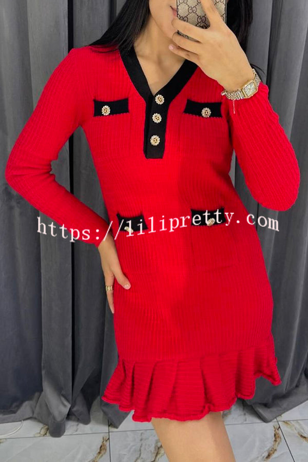 Stylish Waffle Contrast V-neck Ruffled Knitted Mini Dress