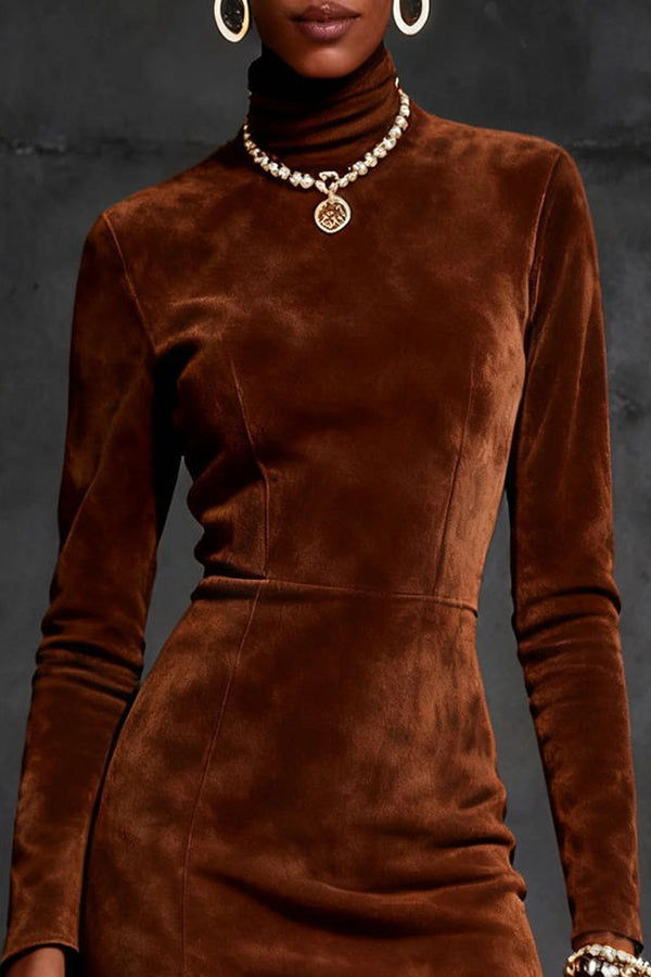 Stylish Suede Turtleneck Long-sleeved Slim-fit Tassel Mini Dress