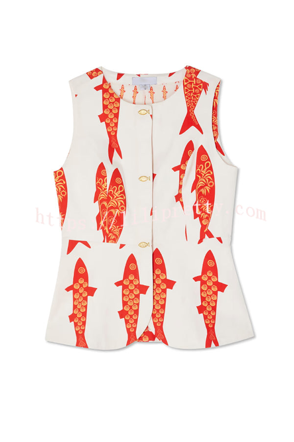 Good Luck Linen Blend Koi Pattern Metal Buttons Waisted Vest
