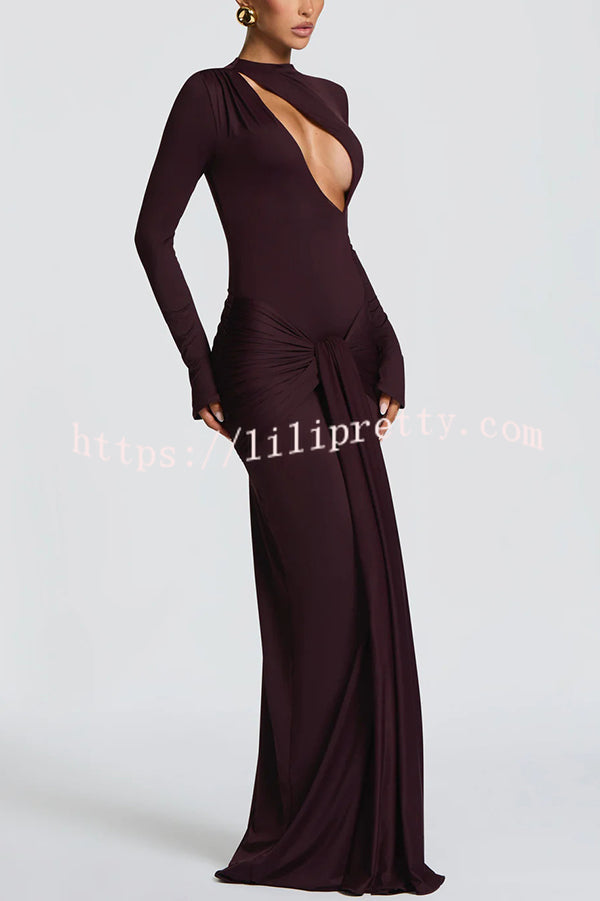 Sexy Cutout Fitted Long-sleeved Pleated Satin Ribbon Maxi Dresses