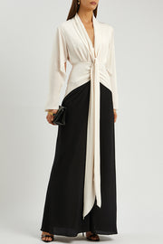 Fashion Contrast Color V-neck Tie High Waist Drape Maxi Dress