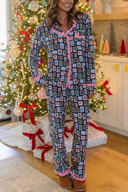 Postcards To Santa Unique Print Ruffles Trim Pocket Shirt and Elastic Waist Pajama Set