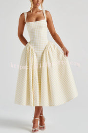 Playful Elf Gingham Square Neck Back Smocked Lace-up Midi Dress