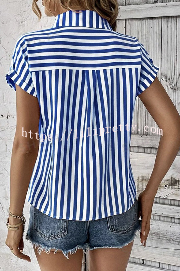 Striped Print Short Sleeve Pocket Shirt Top