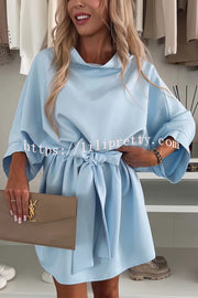 Solid Color Loose Round Neck Belted Mini Dress