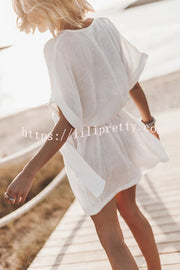 Lilipretty Breezy Retreat Cotton Linen Blend Pocketed Belt Kimono Mini Dress