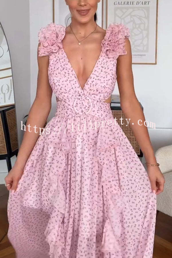 Wedding Dreams Chiffon Printed Flutter Sleeve Cutout Back Lace-up Maxi Dress