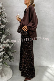 Chic and Merry Satin Bow Neck Batwing Sleeve Loose-fitting Blouse