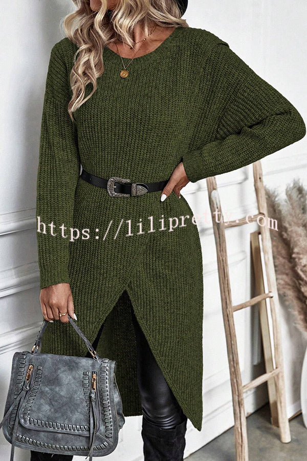 Essence Solid Wrap Hem Knitted Long Sleeve Midi Sweater