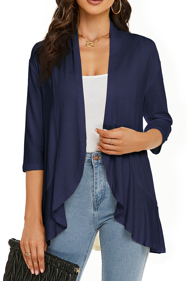 Solid Color Casual Three-quarter Sleeve Ruffled Loose Cardigan