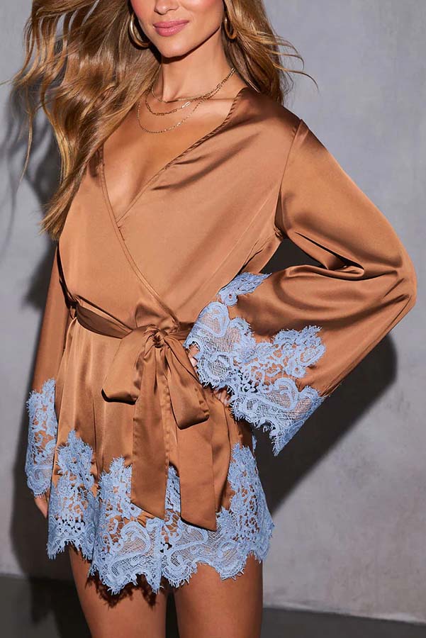 Joyful Bond Satin Lace Trim Contrast Color Bell Sleeve Tie-up Kimono Mini Dress