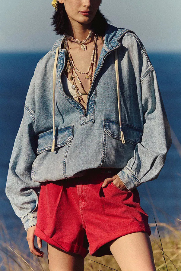 Fashion Loose Pocket Casual Denim Zipper Hoodie