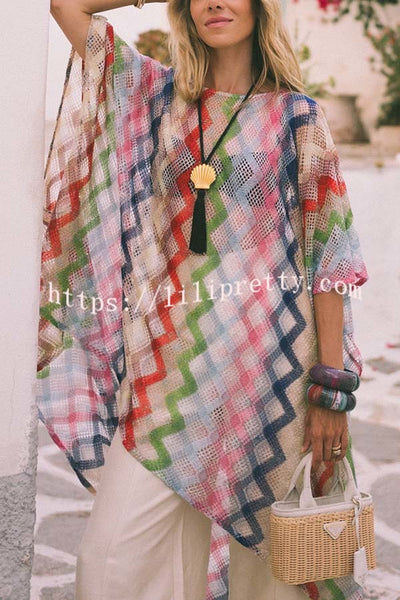 Sun Washed Knit Colorful Zigzag Pattern Asymmetric Hem Loose Cover-ups Kaftan