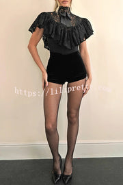 Avina Lace Bow Detail High Neck Cascading Ruffles Cropped Cape Top