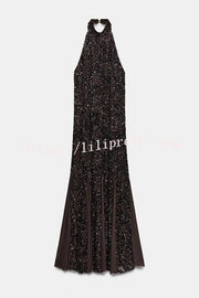 Twilight Gleam Sequin Textured Tulle Hem Halter Backless Maxi Dress
