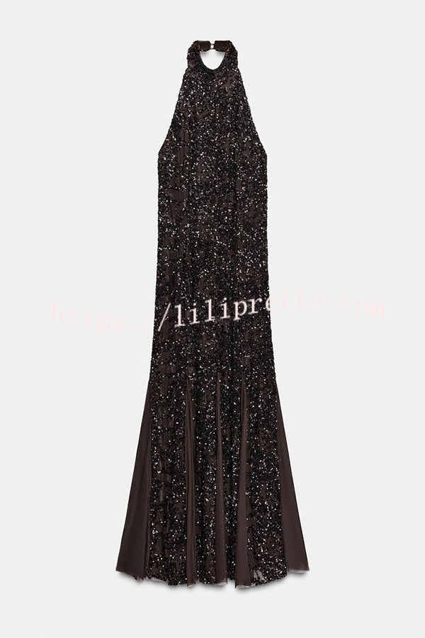 Twilight Gleam Sequin Textured Tulle Hem Halter Backless Maxi Dress