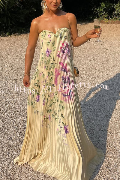 For Every Occasion Satin Pleated Floral Print V-wire Bandeau Neck Maxi Dress