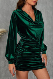 Elegant Velvet Long-sleeved Pleated Slim-fit Mini Dress
