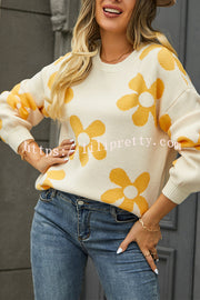 Lilipretty Floral Print Color Block Pullover Long Sleeve Sweater