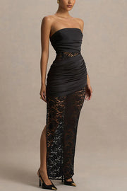 Dulcie Lace and Satin Patchwork Asymmetrical Pleats Bandeau Maxi Dress