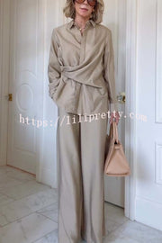 Juliette Cross-front Button Up Long Sleeve Shirt and Elastic Waist Pocket Loose Pants Set