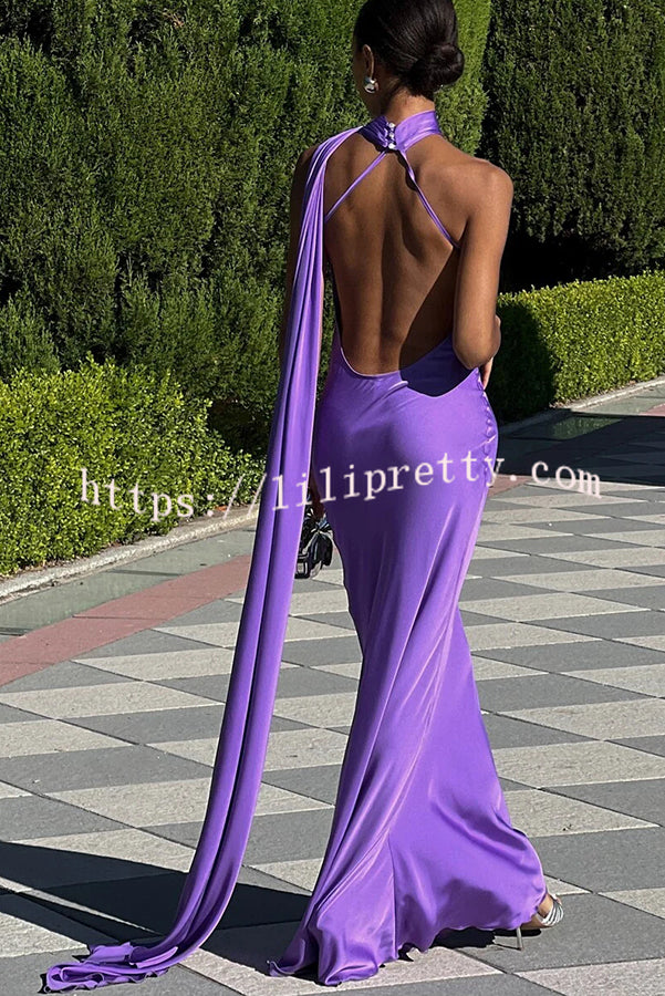 Crush on You Satin One Shoulder Backless Cape Maxi Dress