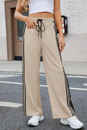 Side Stripe Print Elastic Waist Pocket Casual Straight-leg Pants