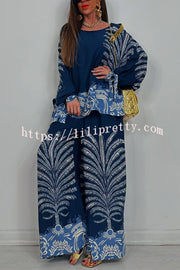 Unique Print Loose Drawstring Long Sleeve Top and Elastic Waist Casual Pocket Wide Leg Pants Set