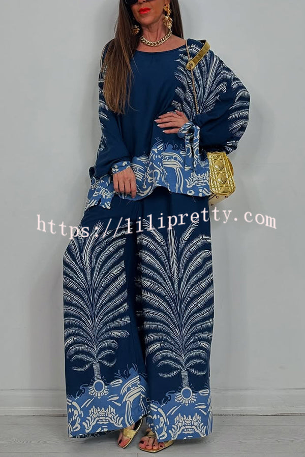 Unique Print Loose Drawstring Long Sleeve Top and Elastic Waist Casual Pocket Wide Leg Pants Set