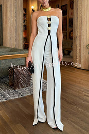Fashionable Contrast Color Off-shoulder Metal Decoration Casual Elegant Jumpsuit